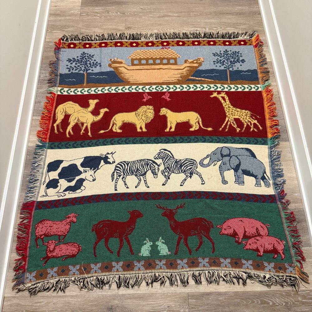 Vintage Goodwin Weavers Noah's Ark Tapestry Blanket Throw Size 45x56 Made in USA